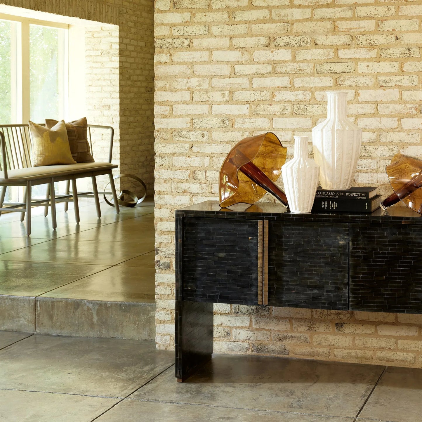 004 SR-702082 | Additional Silo | Spindle Long Bench by Global Views. Made from american oak in a coastal style.