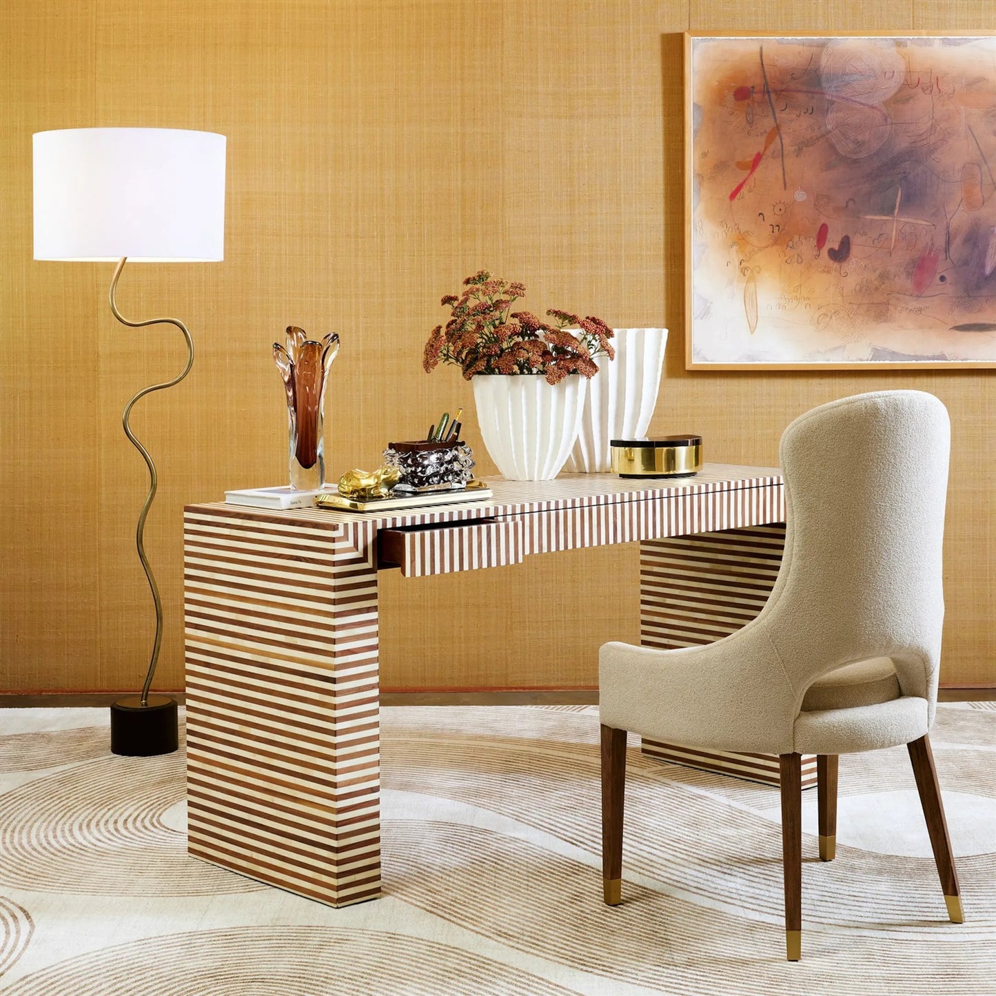 007 SI-2323919 | Lifestyle | Loop Floor Lamp by Global Views in black, white, off-white, tan and brass. Made from unique in a unique style.