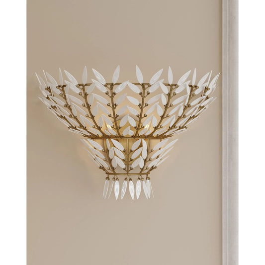 Magnum Opus Wall Sconce by Currey and Company in brass, white. Made from wrought iron, glass in a modern style.