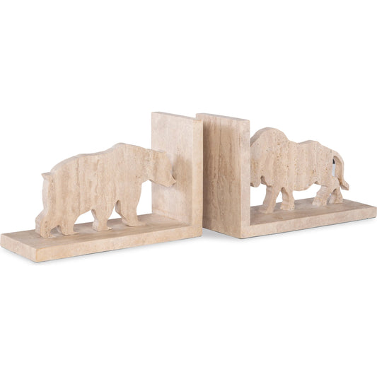 Bull, Bear Bookend by Maitland-Smith in honed travertine. Made from unique in a transitional style.