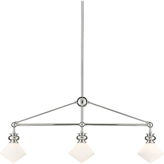 Rycroft Rectangular Chandelier by Currey and Company in polished nickel, white. Made from metal, opaque glass in a transitional style.