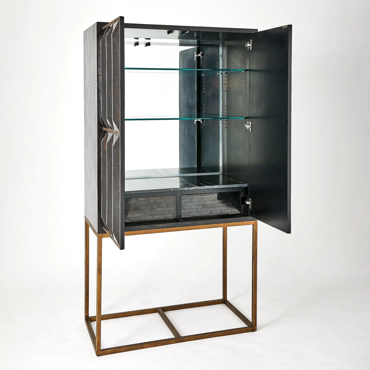 002 SI-2445928 | Additional Silo | Horn Inlay Bar Cabinet by Global Views in black, antique brass. Made from mdf, buffalo horn cladded, iron, 10mm thick tempered glass, marble in a modern style.