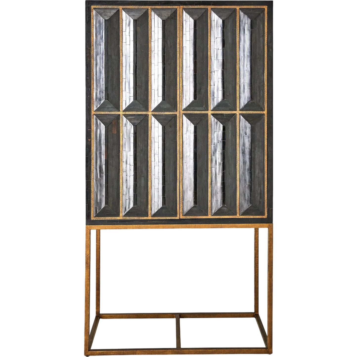 001 SI-2445928 | Primary Silo | Horn Inlay Bar Cabinet by Global Views in black, antique brass. Made from mdf, buffalo horn cladded, iron, 10mm thick tempered glass, marble in a modern style.