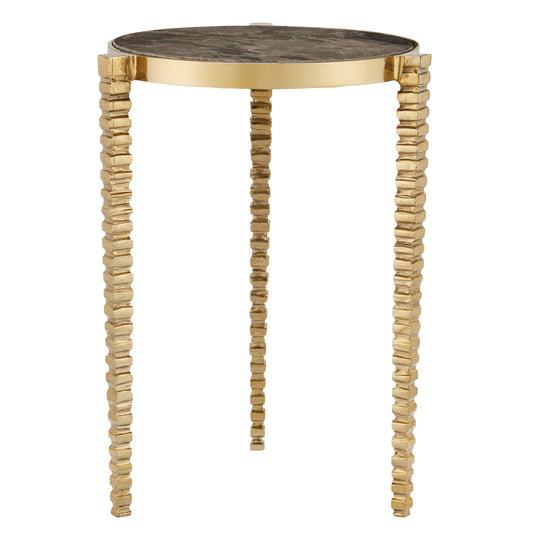 Corrado Cappuccino Marble Accent Table by Currey and Company in polished brass, natural. Made from iron, cappuccino marble in a modern style.