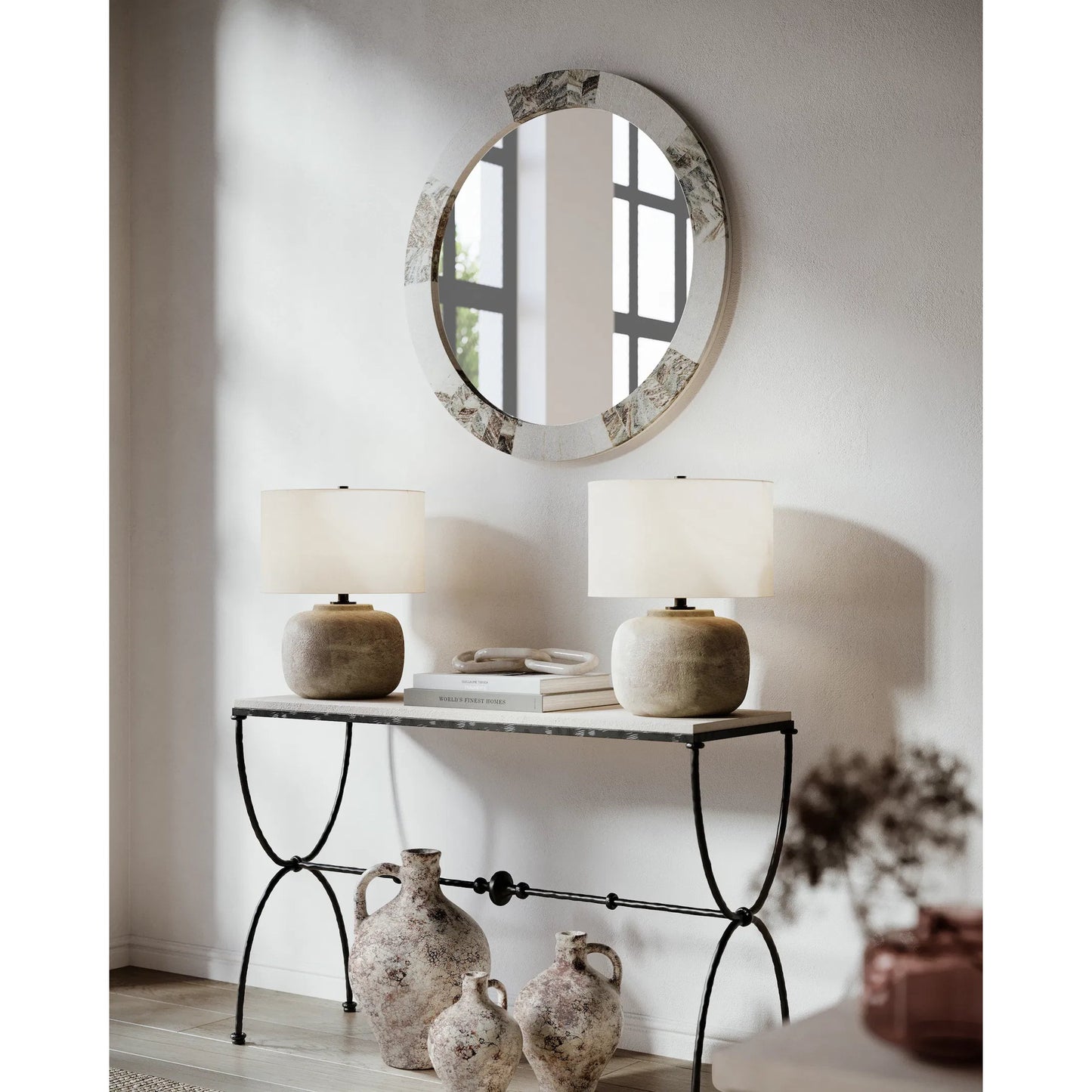 010 SI-1923903 | Lifestyle | Elena Round Mirror by Currey and Company in white, brown, mirror. Made from toronto brown marble, white marble, glass in a modern style.