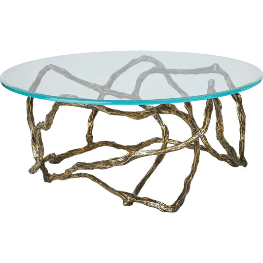 Twistwood Cocktail Table by Global Views in clear, red and antique brass. Made from unique in a modern style.