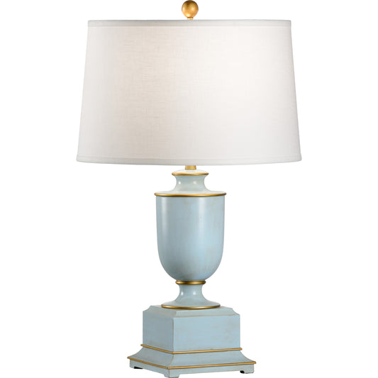 002 SR-386110 | Primary Silo | Old Washed Urn Lamp by Wildwood in hand painted, worn blue. Made from unique in a traditional style.