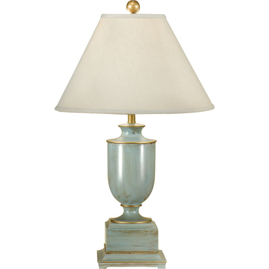 001 SR-386109 | Primary Silo | Old Washed Urn Lamp by Wildwood in hand painted, worn blue. Made from unique in a traditional style.