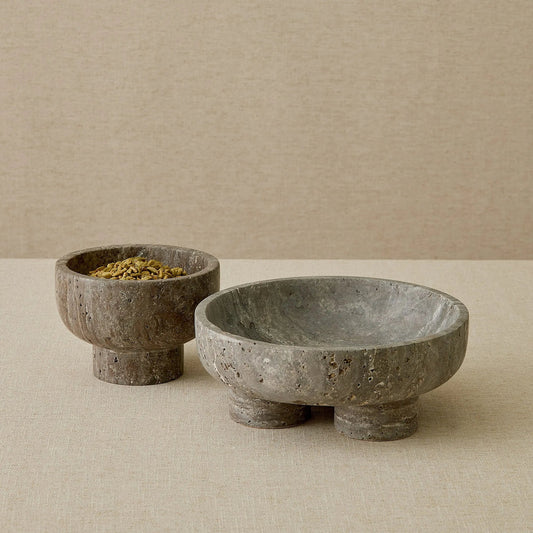 Priory Low Bowl by Global Views in titanium. Made from titatenium (grey) travertine in a rustic style.