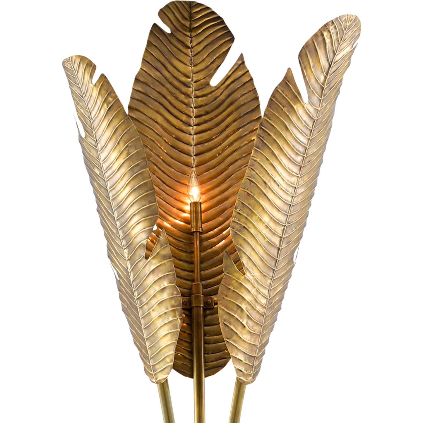 003 SR-381315 | Closeup | Tropical Floor Lamp by Currey and Company in vintage brass, black. Made from brass, iron, granite in a transitional style.