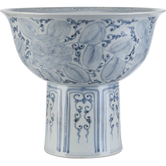Ming Offering Pedestal Bowl by Currey and Company in blue, off-white. Made from porcelain in a traditional style.