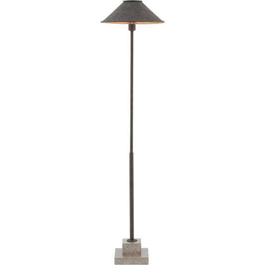 Fudo Floor Lamp by Currey and Company in mole black, contemporary gold leaf, polished concrete. Made from wrought iron, concrete in a transitional style.