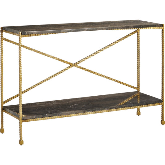Flying Console Table by Currey and Company in natural, gold. Made from cappuccino stone, iron in a modern style.