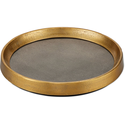 Tanay Tray by Currey and Company in antique brass, graphite, black. Made from cast aluminum, iron in a transitional style.