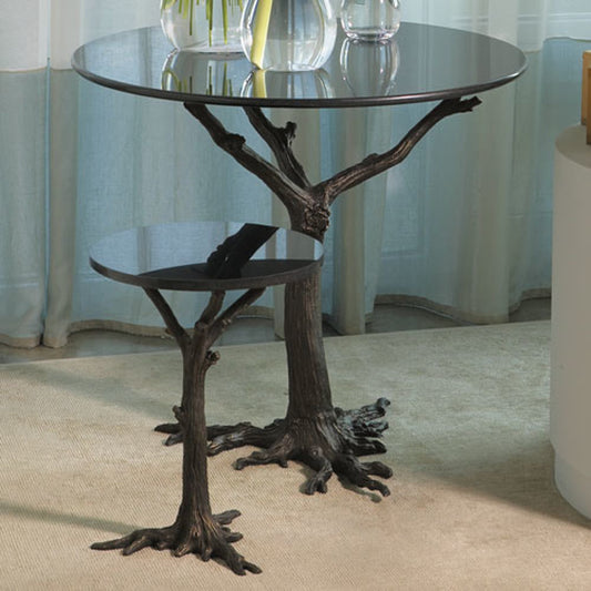 Faux Bois Side Table by Global Views in black powder coat. Made from iron, granite in a rustic style.