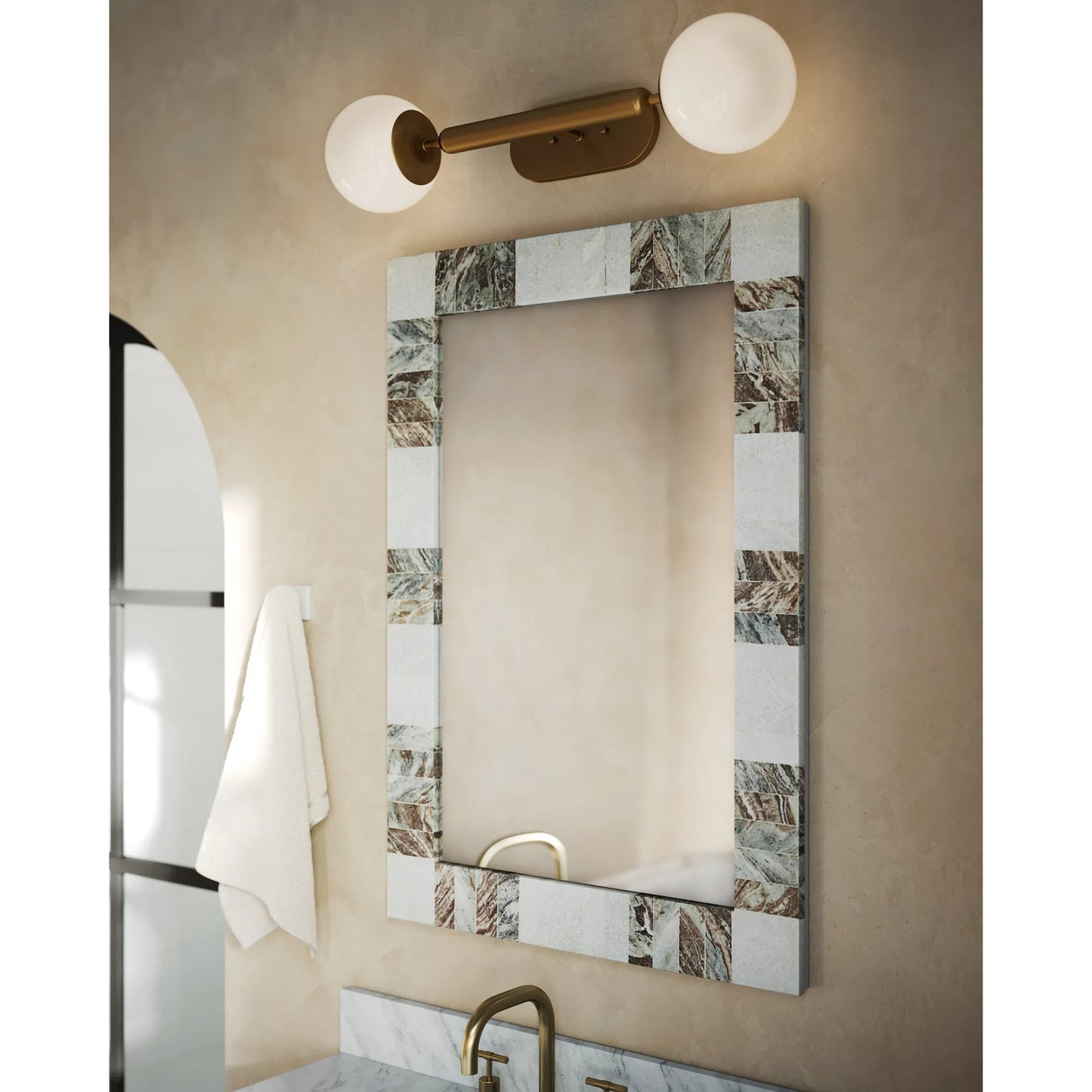 005 SI-1923902 | Lifestyle | Elena Rectangular Mirror by Currey and Company in white, brown, mirror. Made from toronto brown marble, white marble, glass in a modern style.