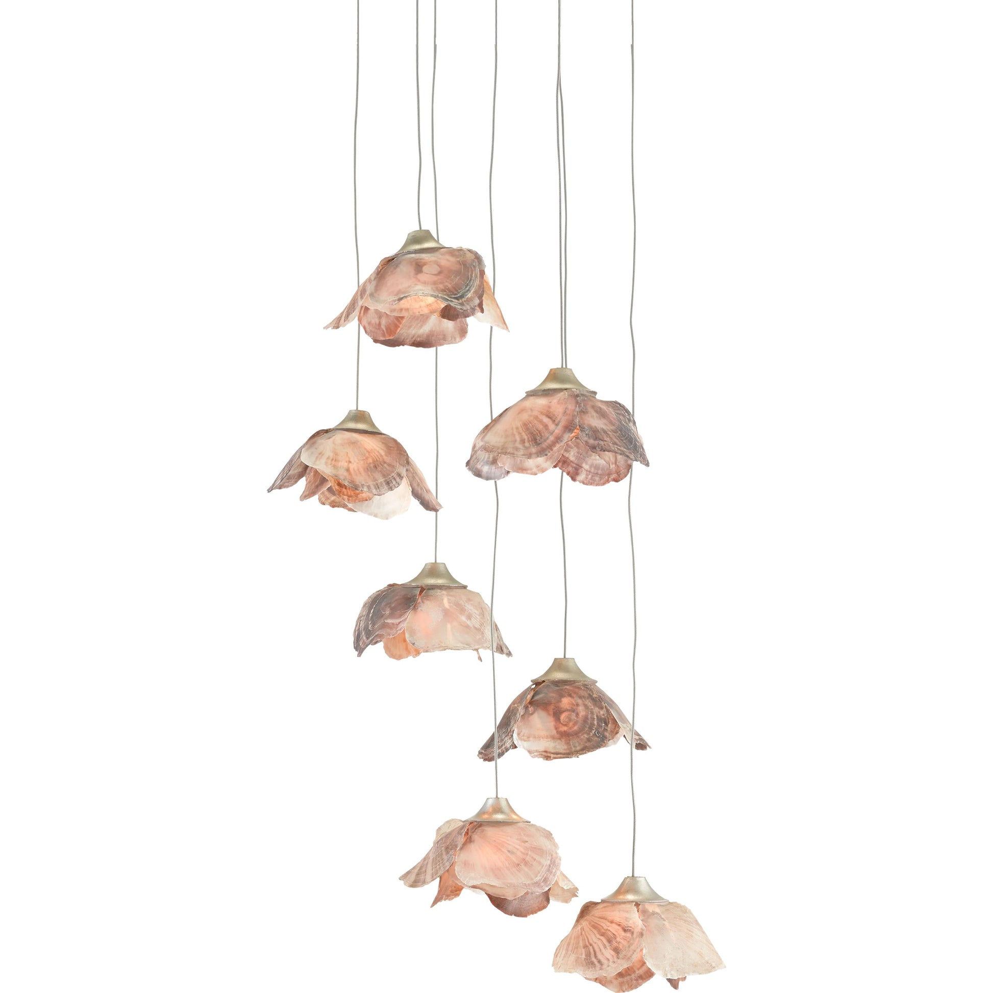 Catrice Pendant by Currey and Company in painted silver, contemporary silver leaf, natural shell. Made from capiz shell, wrought iron in a coastal style.