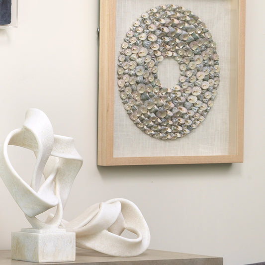 Bora Bora Framed Wall Art by Jamie Young in off white. Made from shells (screw), linen, pine wood, mdf (backing) in a coastal style.