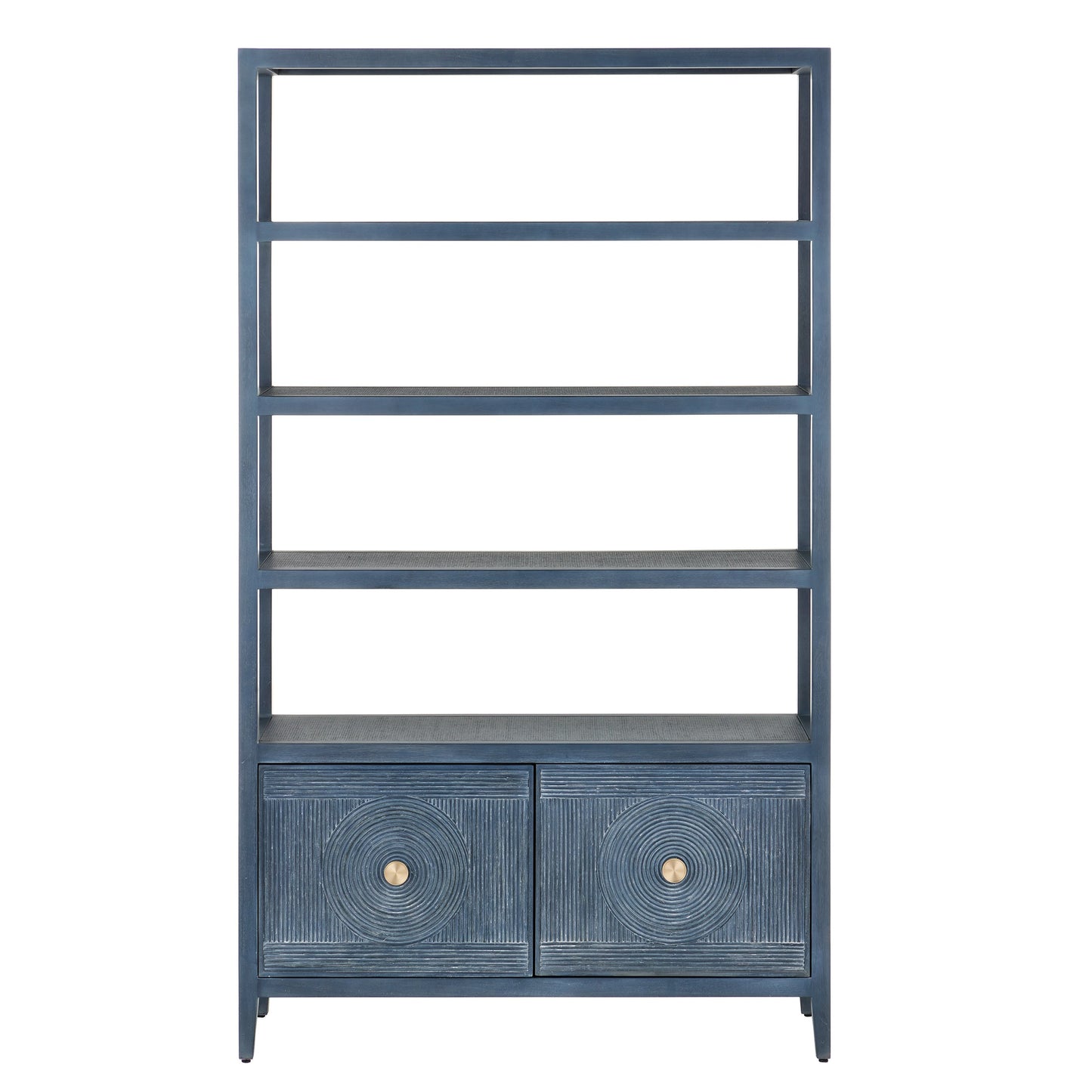003 SI-2134072 | Additional Silo | Santos Storage Etagere by Currey and Company in vintage navy, brushed brass. Made from rattan, mahogany, grasscloth, brass in a transitional style.