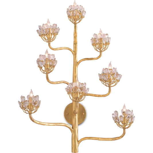 Agave Americana Wall Sconce by Currey and Company in dark contemporary gold leaf. Made from wrought iron, crystal in a traditional style.