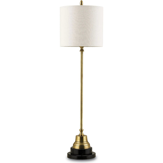 Messenger Table Lamp by Currey and Company in vintage brass, black. Made from brass, granite in a traditional style.