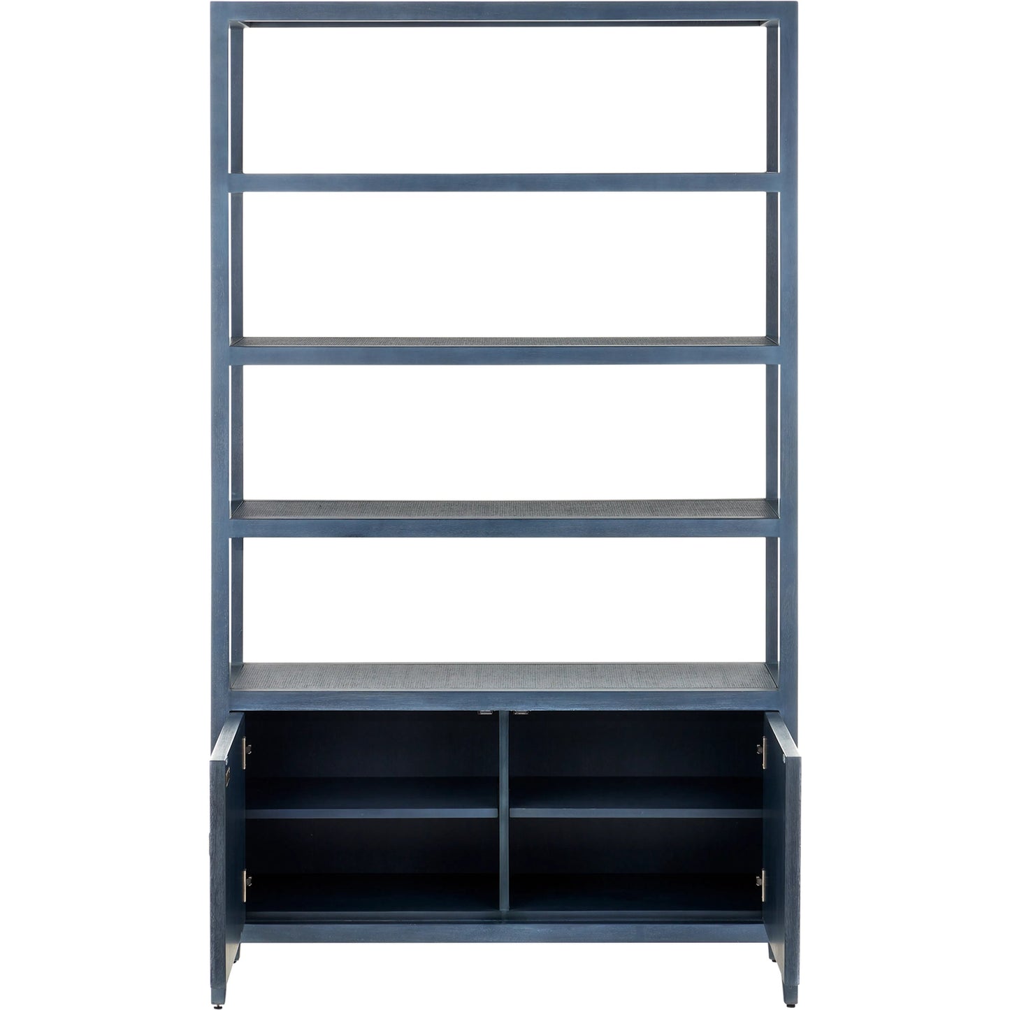 010 SI-2134072 | Additional Silo | Santos Storage Etagere by Currey and Company in vintage navy, brushed brass. Made from rattan, mahogany, grasscloth, brass in a transitional style.