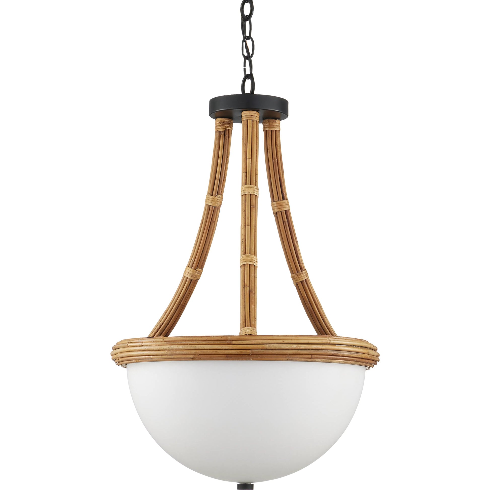 Morningside Semi-Flush Mount by Currey and Company in natural, frosted white, satin black. Made from rattan, glass, wrought iron in a cottage & farmhouse style.