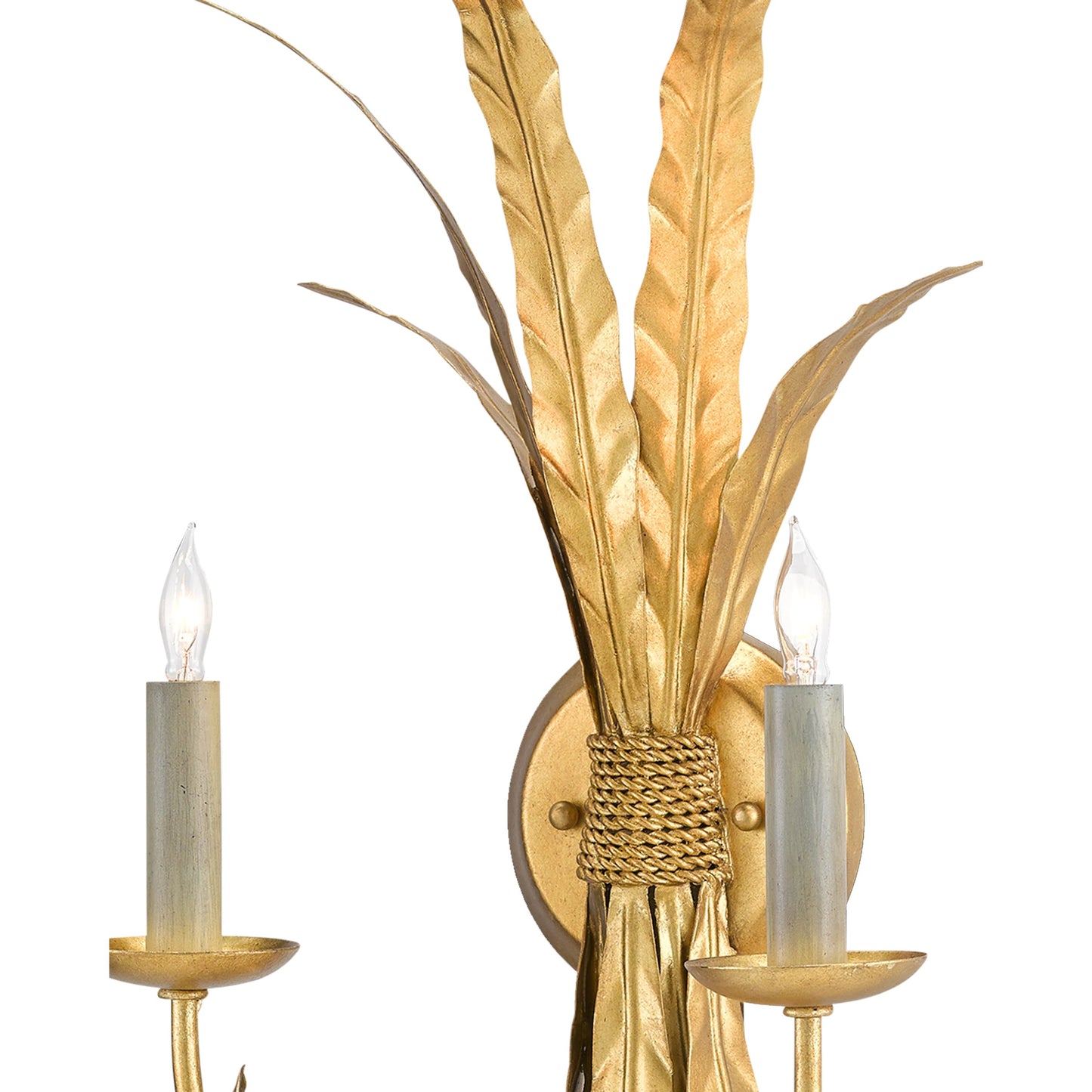 003 SI-1894189 | Closeup | Bette Wall Sconce by Currey and Company in grecian gold leaf. Made from wrought iron in a transitional style.