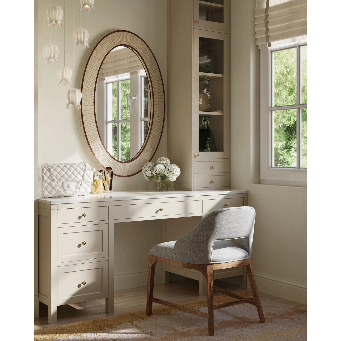 005 SI-1923796 | Lifestyle | Andar Oval Mirror by Currey and Company in natural, dark walnut, mirror. Made from bone, wood, engineered hardwood, glass in a modern style.