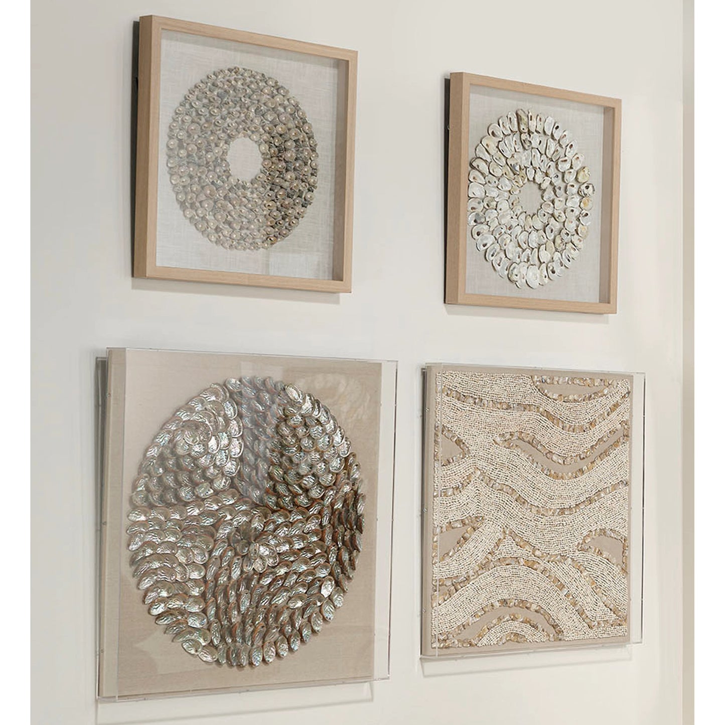 009 SR-867158 | Lifestyle | Maldives Framed Wall Art by Jamie Young in white. Made from shells (conch), linen, pine wood, mdf (backing) in a coastal style.