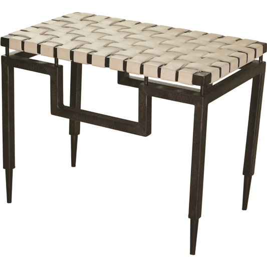 Iron & Leather Bench by Global Views in black powder coat. Made from iron, woven ivory cowhide leather in a eclectic & global style.