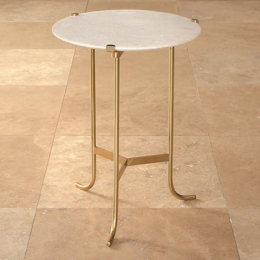 Plie Table by Global Views in brass. Made from brass, white honed marble in a transitional style.