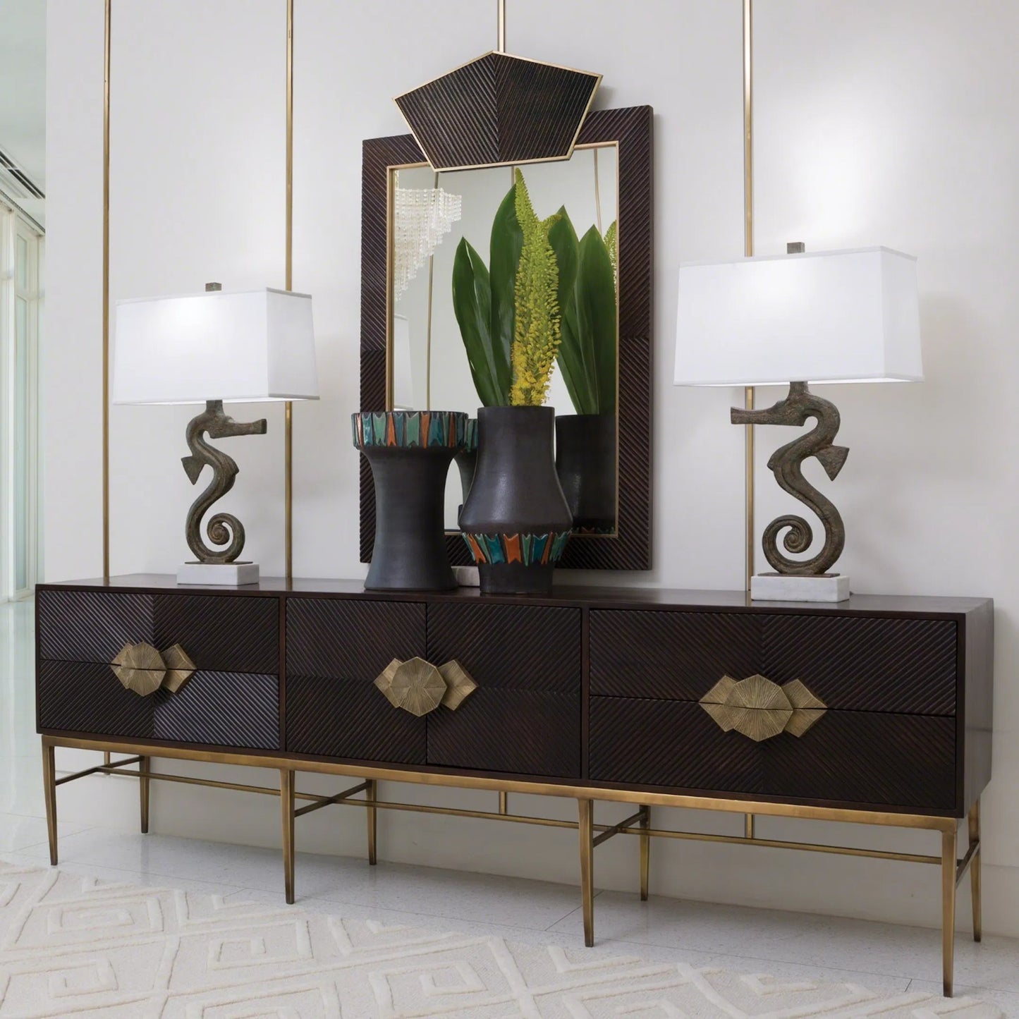 004 SR-701289 | Lifestyle | Galapagos Media Cabinet by Global Views in dark walnut, brass. Made from mango, brass in a transitional style.