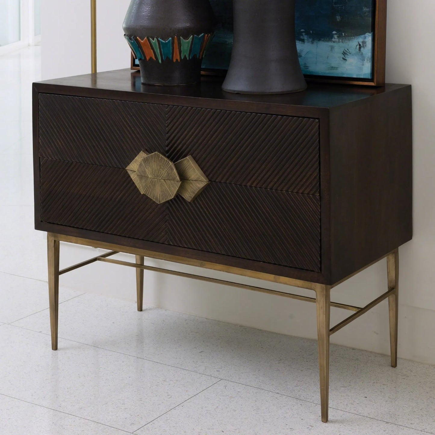 003 SR-701290 | Lifestyle | Galapagos Chest by Global Views in dark walnut, brass. Made from mango, mdf, brass in a transitional style.