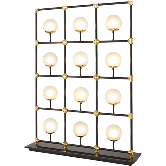 001 SR-701333 | Primary Silo | Globe in Square Floor Screen by Global Views in brass lacquer, black powder coating. Made from steel, brass in a eclectic & global style.