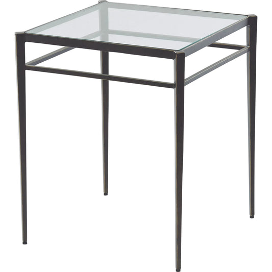 Lescot Side Table by Global Views in dark gunmetal bronze powder coat, gold edges, highlights. Made from iron, tempered glass in a modern style.