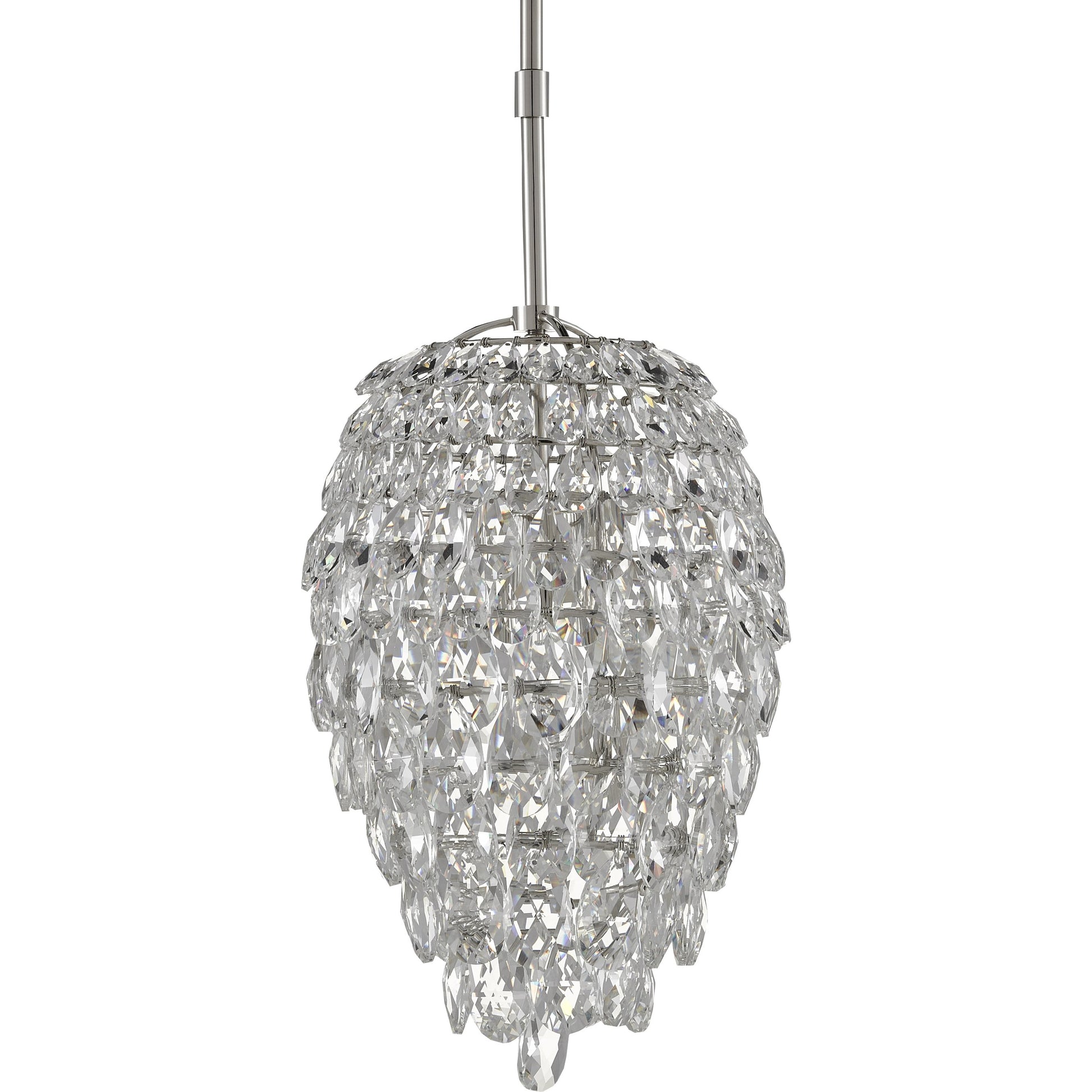 Aisling Pendant by Currey and Company in polished nickel. Made from optical crystal, metal in a transitional style.