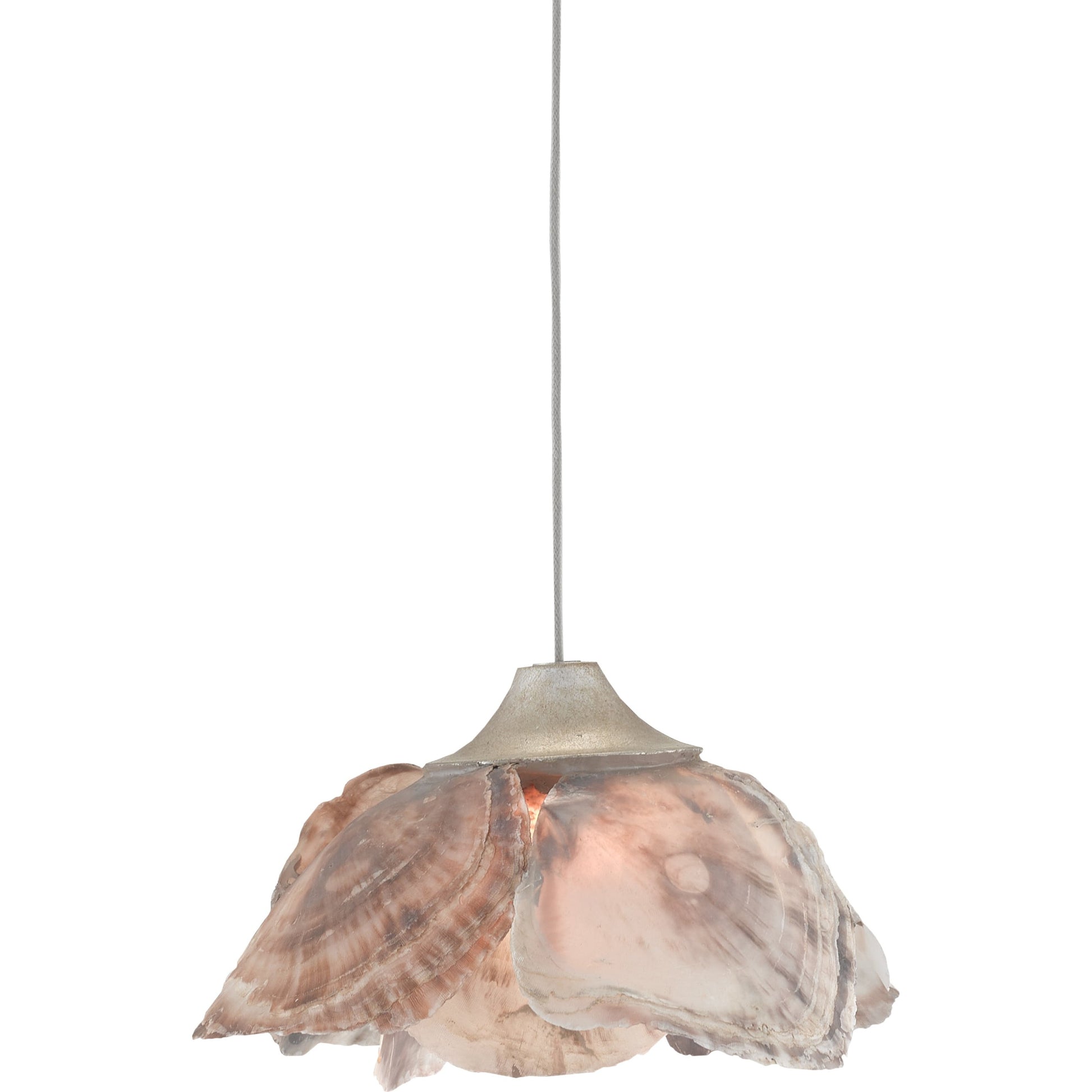 Catrice Pendant by Currey and Company in painted silver, contemporary silver leaf, natural shell. Made from capiz shell, wrought iron in a coastal style.