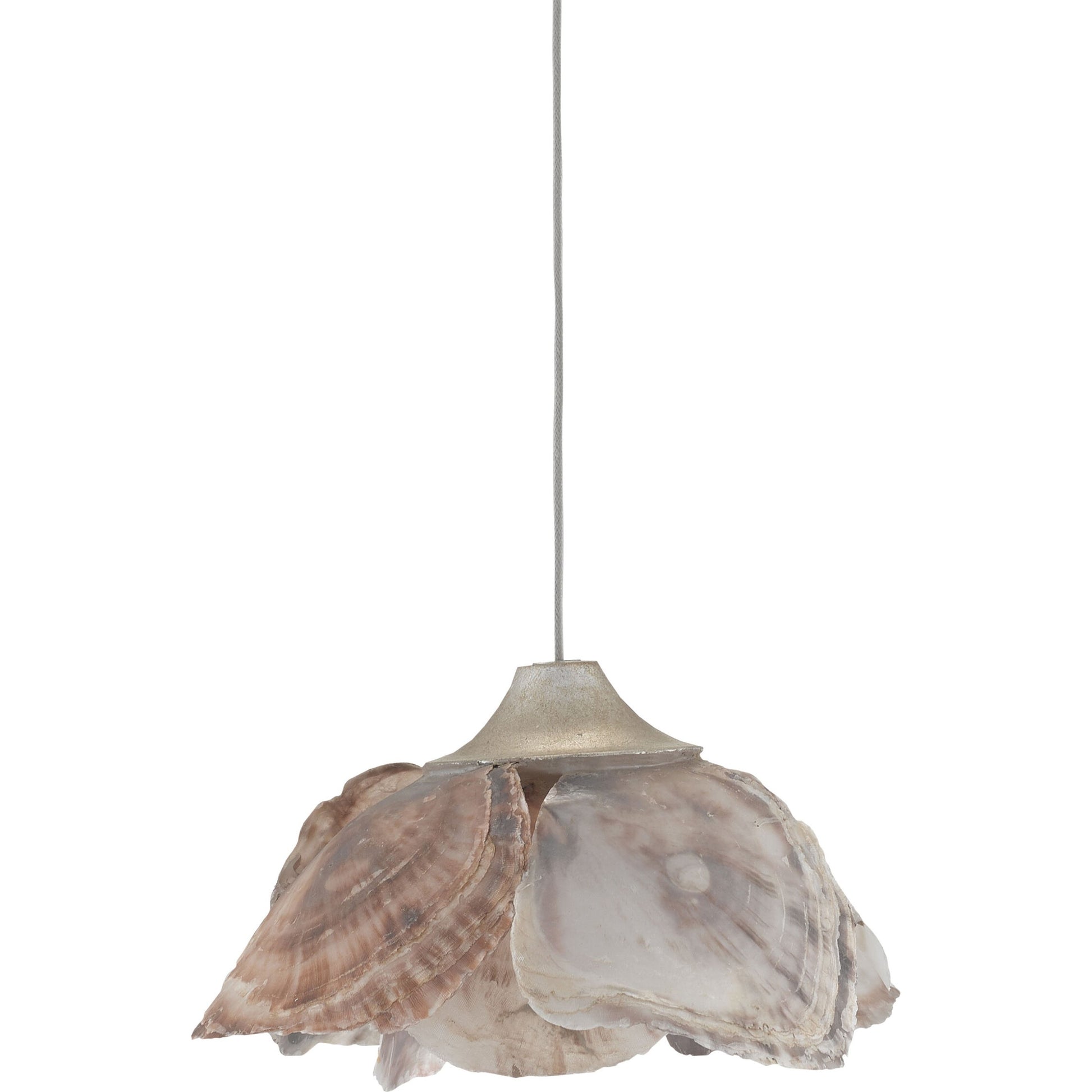Catrice Pendant by Currey and Company in painted silver, contemporary silver leaf, natural shell. Made from capiz shell, wrought iron in a coastal style.