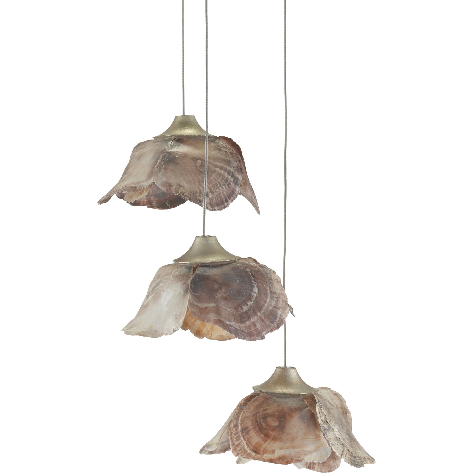 Catrice Pendant by Currey and Company in painted silver, contemporary silver leaf, natural shell. Made from capiz shell, wrought iron in a coastal style.