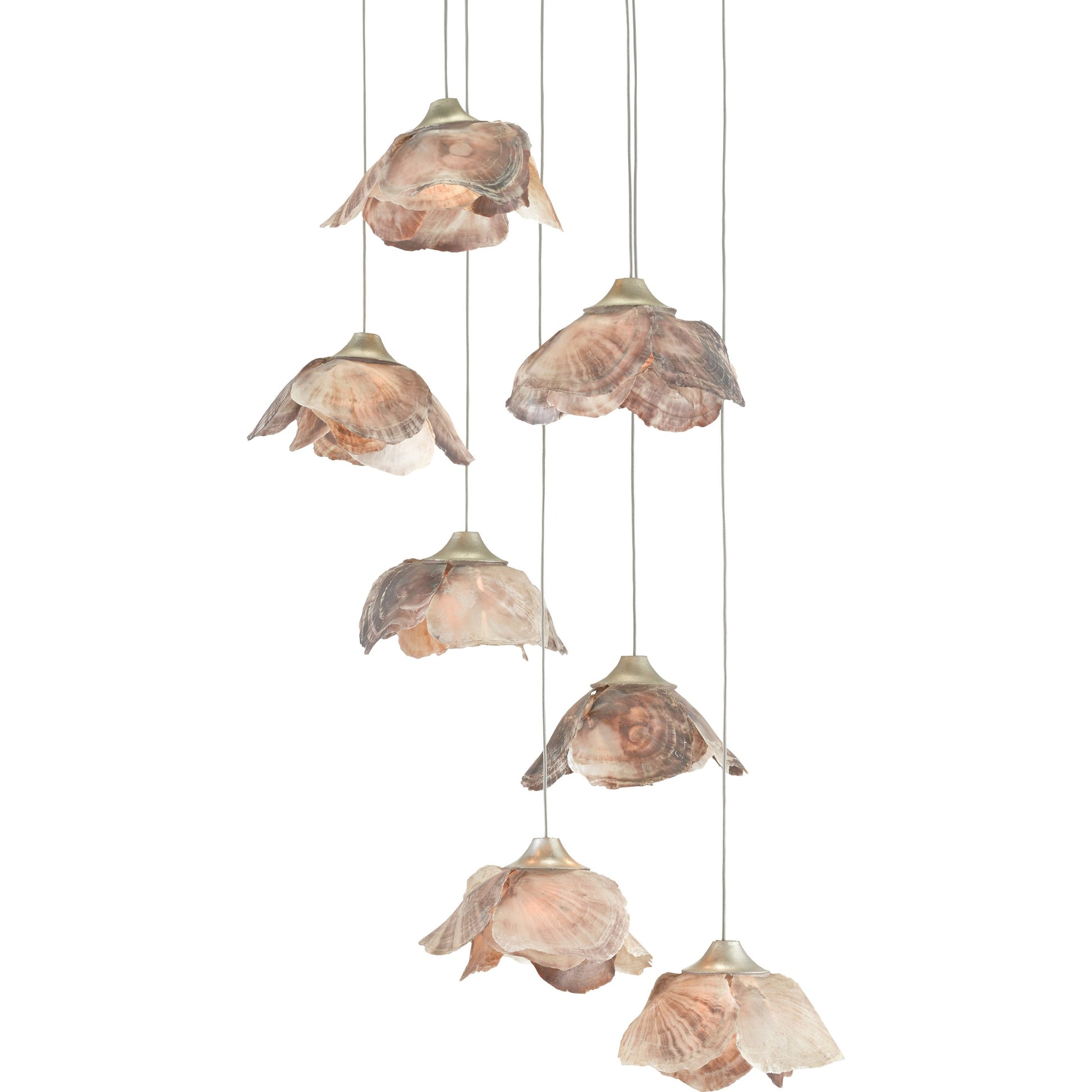 Catrice Pendant by Currey and Company in painted silver, contemporary silver leaf, natural shell. Made from capiz shell, wrought iron in a coastal style.