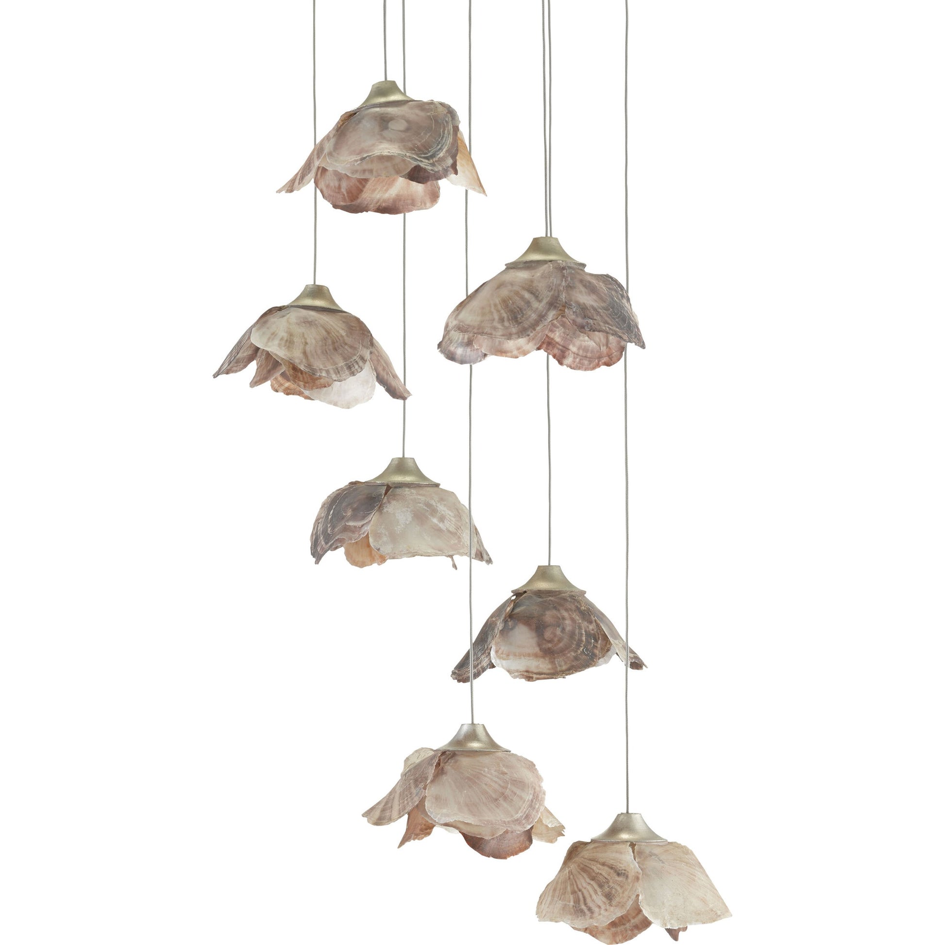 Catrice Pendant by Currey and Company in painted silver, contemporary silver leaf, natural shell. Made from capiz shell, wrought iron in a coastal style.