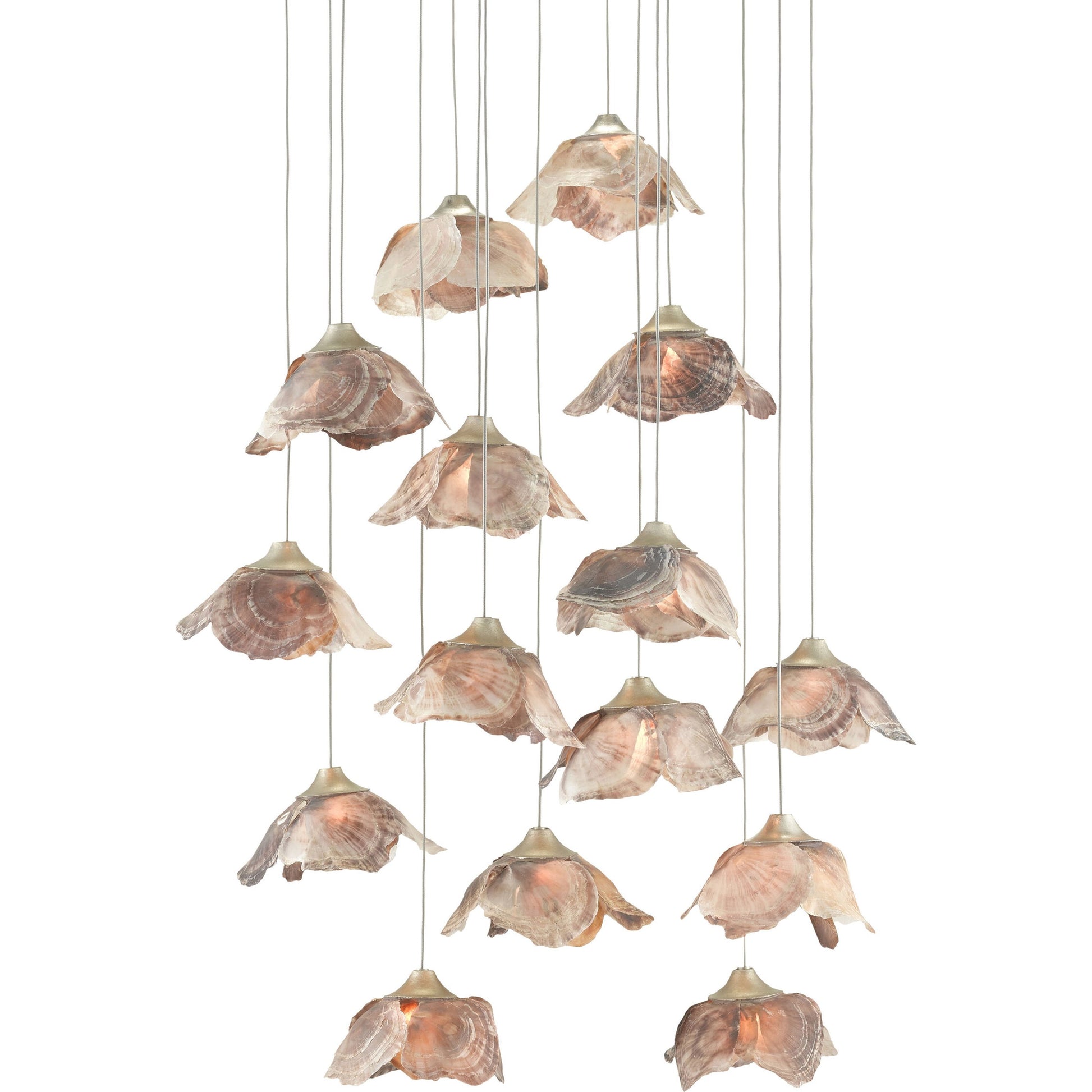 Catrice Pendant by Currey and Company in painted silver, contemporary silver leaf, natural shell. Made from capiz shell, wrought iron in a coastal style.