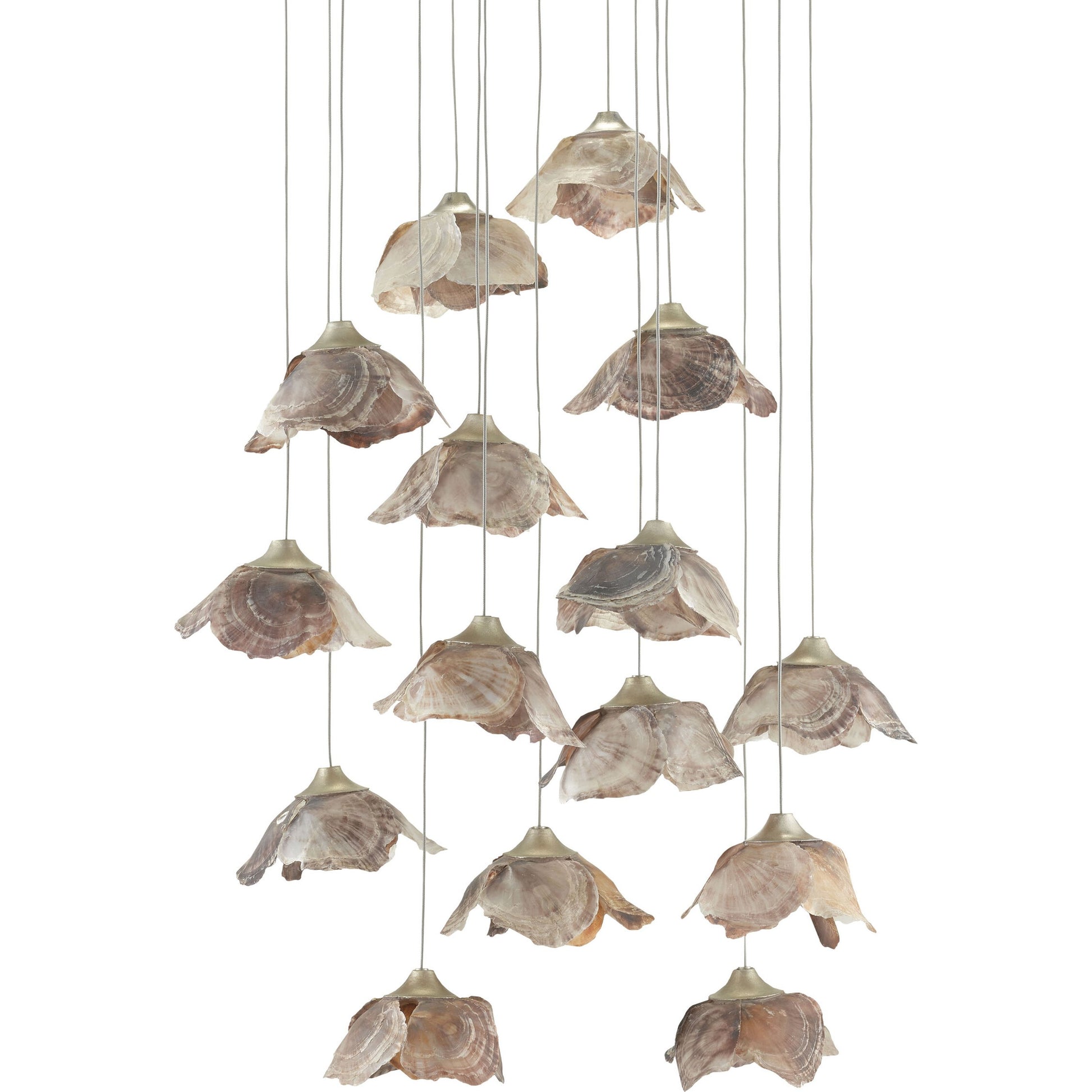 Catrice Pendant by Currey and Company in painted silver, contemporary silver leaf, natural shell. Made from capiz shell, wrought iron in a coastal style.