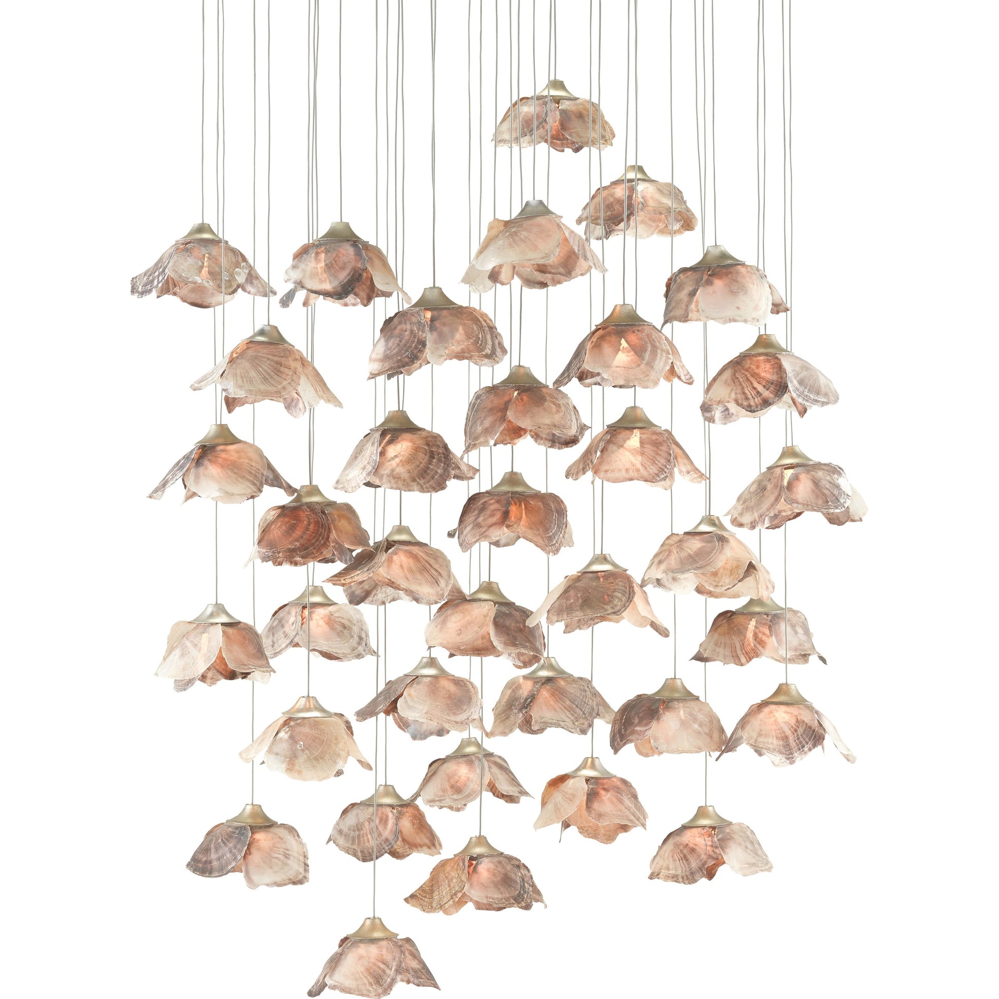 Catrice Pendant by Currey and Company in painted silver, contemporary silver leaf, natural shell. Made from capiz shell, wrought iron in a coastal style.