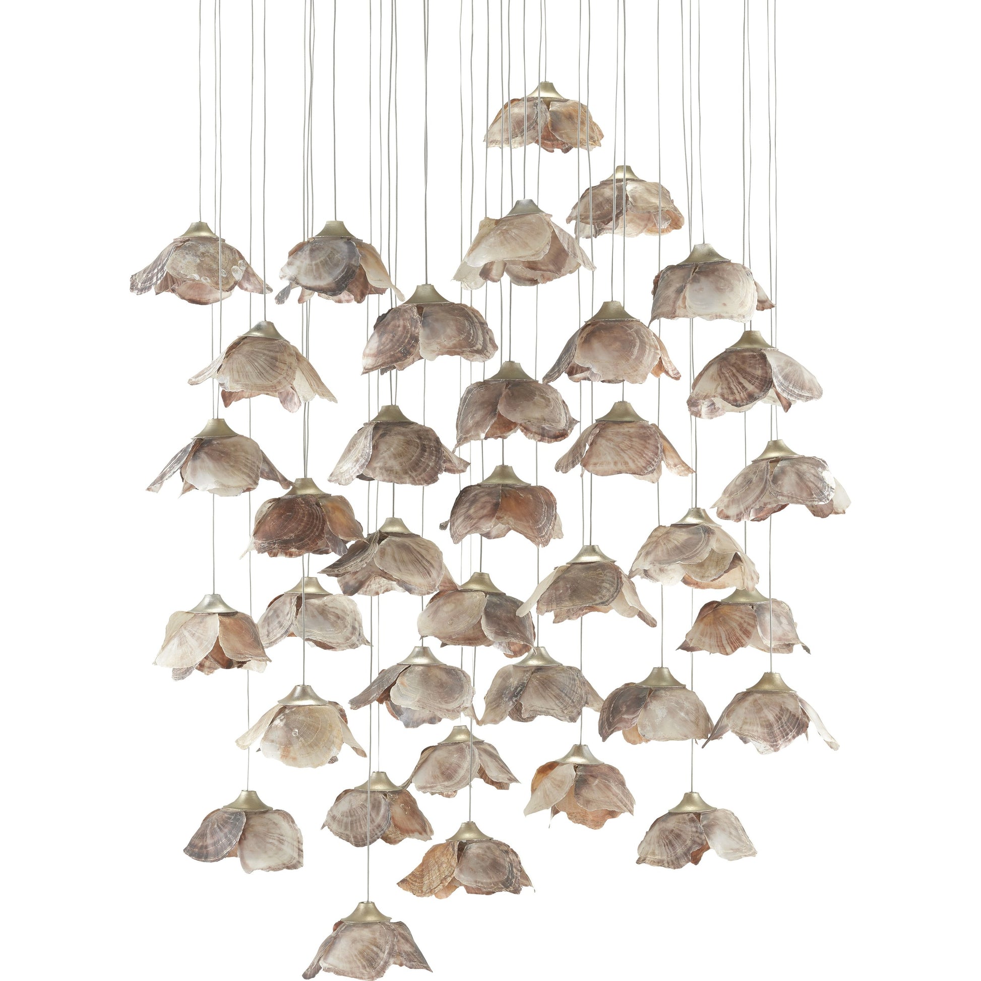 Catrice Pendant by Currey and Company in painted silver, contemporary silver leaf, natural shell. Made from capiz shell, wrought iron in a coastal style.