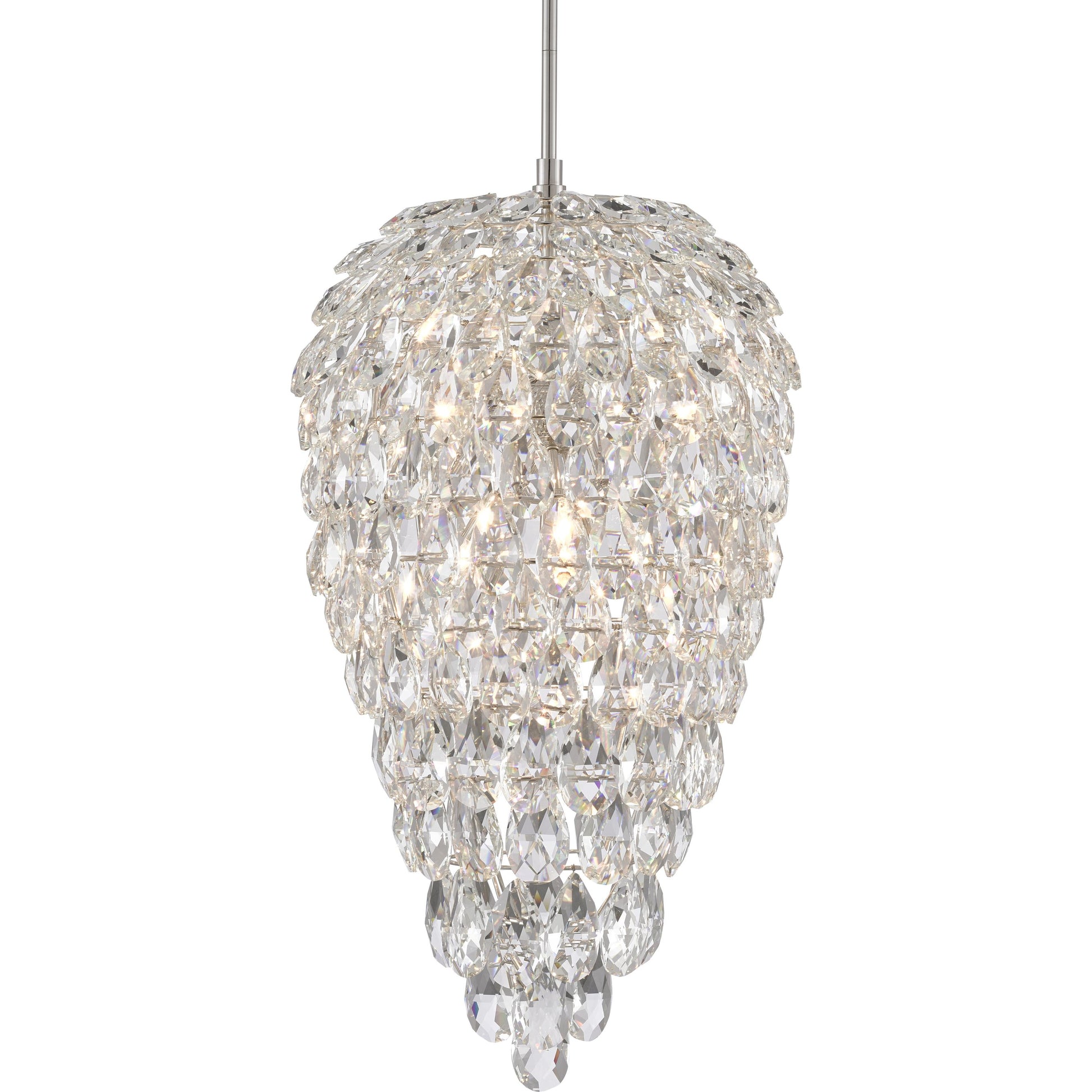 Aisling Pendant by Currey and Company in polished nickel. Made from optical crystal, metal in a transitional style.