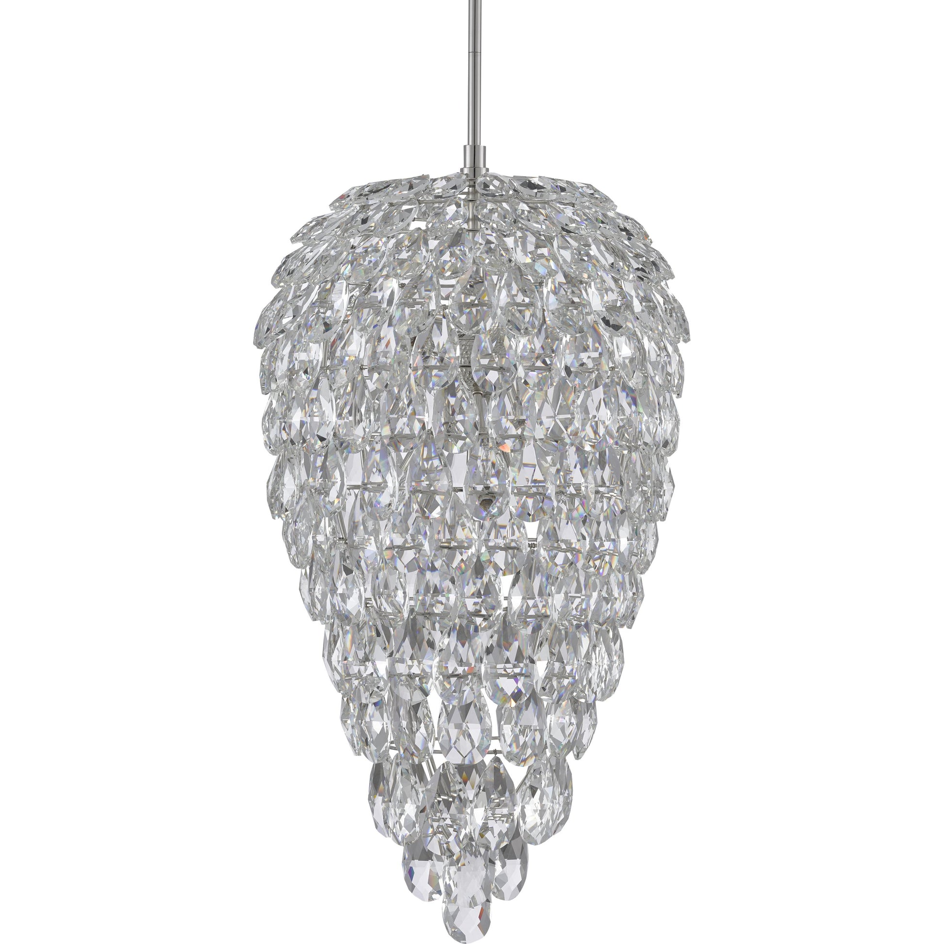 Aisling Pendant by Currey and Company in polished nickel. Made from optical crystal, metal in a transitional style.