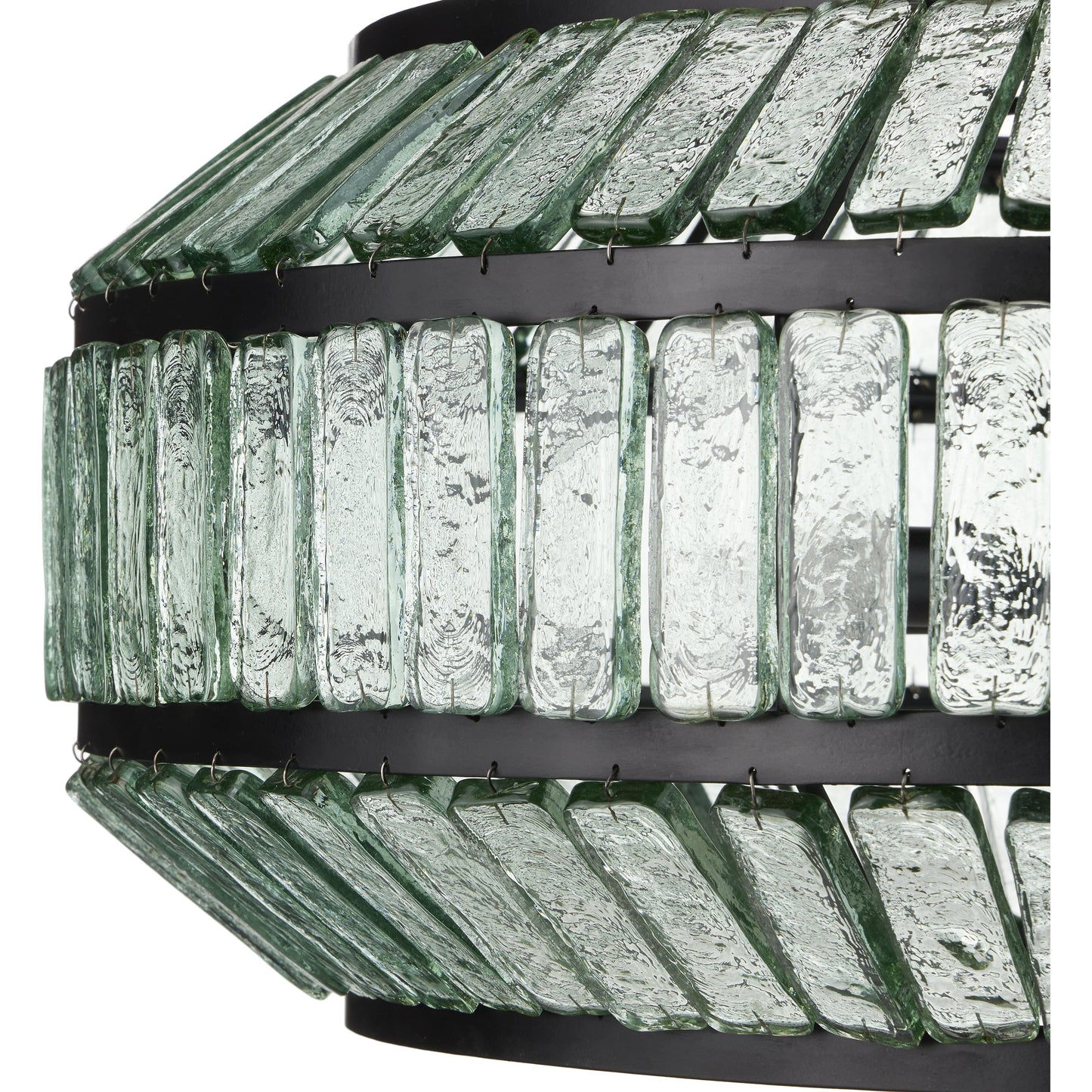 005 SI-2007698 | Closeup | Centurion Recycled Glass Chandelier by Currey and Company in clear, satin black. Made from recycled glass, wrought iron in a traditional style.