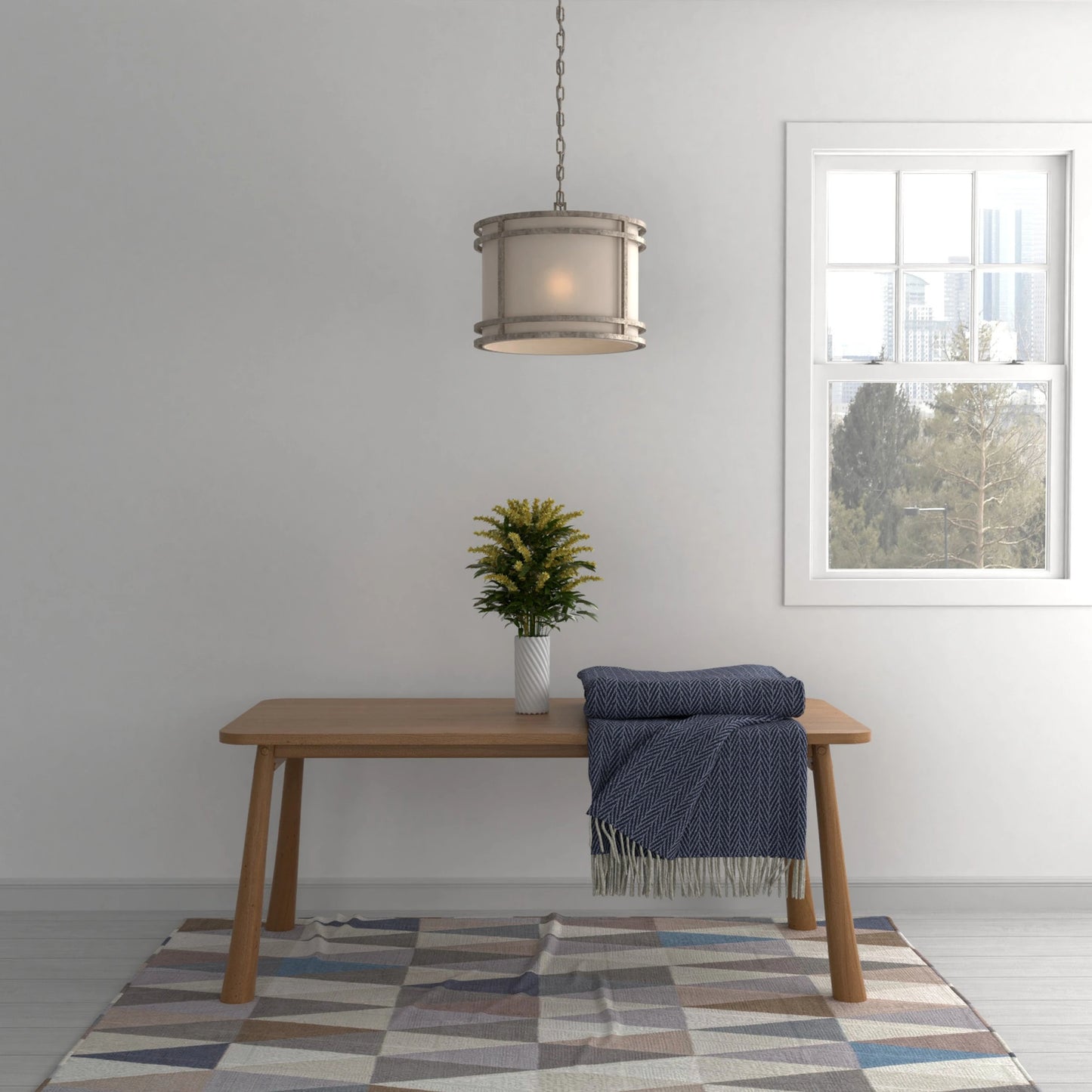 005 SI-1965995 | Lifestyle | Mila Statement Shaded Single-Light Drum Pendant by Lumanity in sanded mercury. Made from iron, fabric in a modern style.